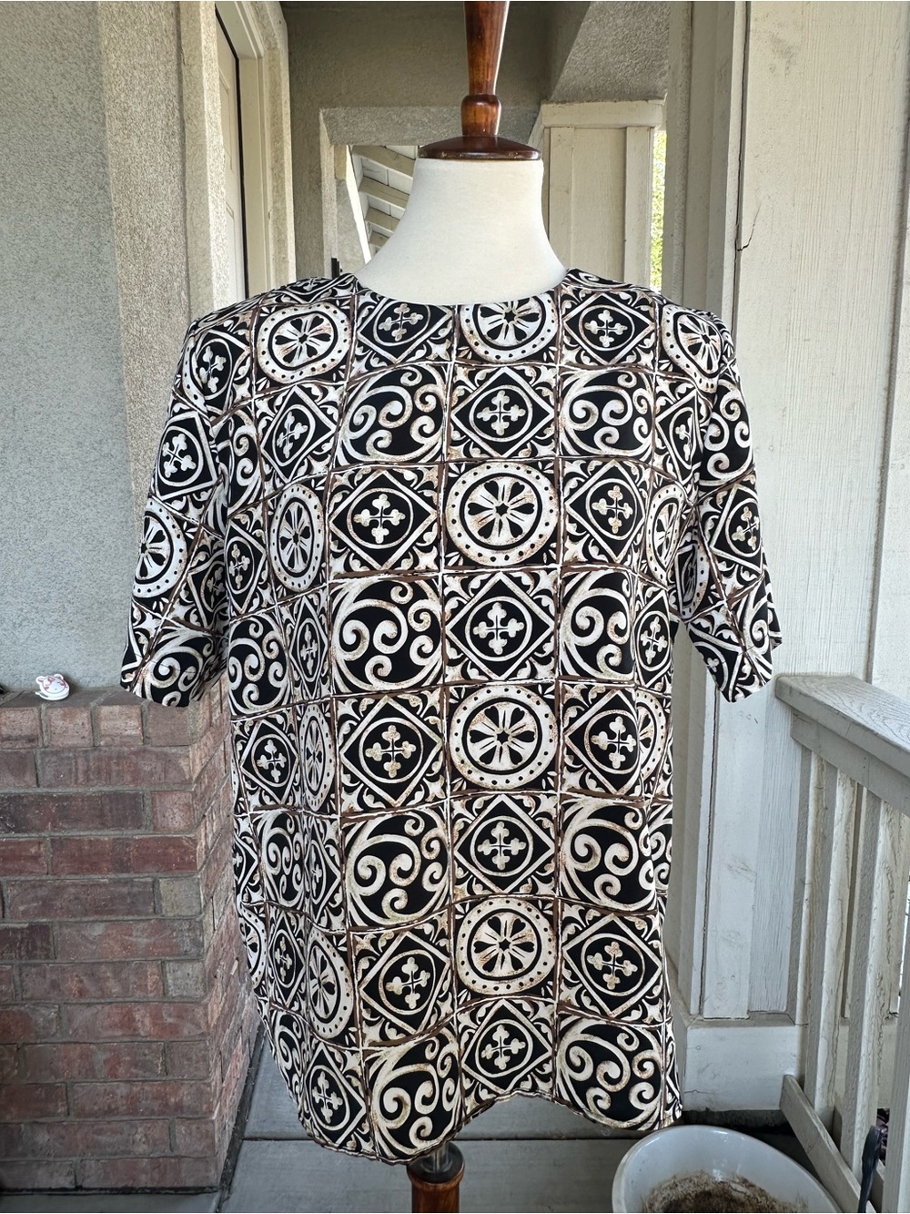 Heritage Black and Cream Geometric Tile Print Blouse